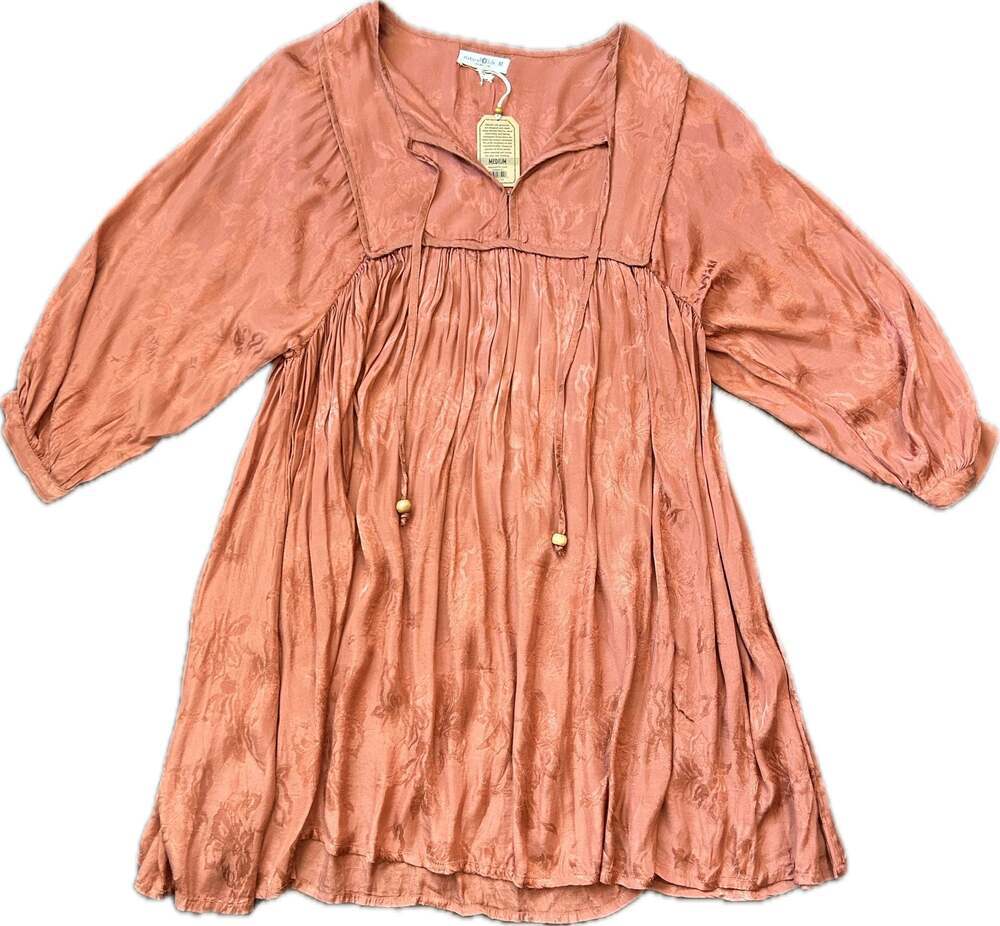 Natural Life Floral Damask Print Babydoll Tunic Dress w Tassels bohemian casual